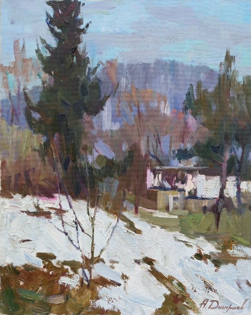 Oil painting In the Carpathians Alex Ditriev: 03AD Painter: Alex Ditriev S?ze: 19.6x40 cm/12.2x15.7 inches Components: oil, cardboard Original painting from our collection ERA: 2009 Short information: Alex was born on May 10, 1977 in the city of 