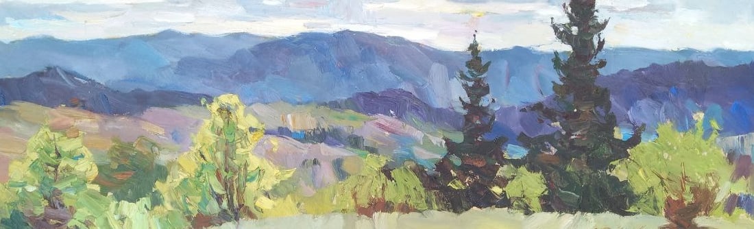 Oil painting Mountain pasture ground Alex Ditriev: 32AD Painter: Alex Ditriev S?ze: 29x93 cm/11.4x36.6 inches Components: oil, cardboard Original painting from our collection ERA: Short information: Alex was born on May 10, 1977 in the city of Nikolae