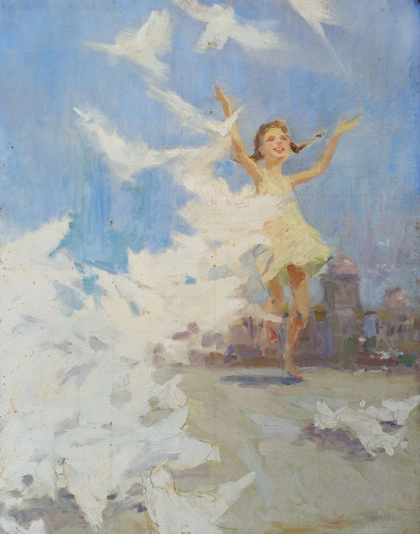 Oil painting Childhood Alex Ditriev: 68AD Painter: Alex Ditriev S?ze: 79x62 cm/31.1x24.4 inches Components: oil, cardboard Original painting from our collection ERA: Short information: Alex was born on May 10, 1977 in the city of