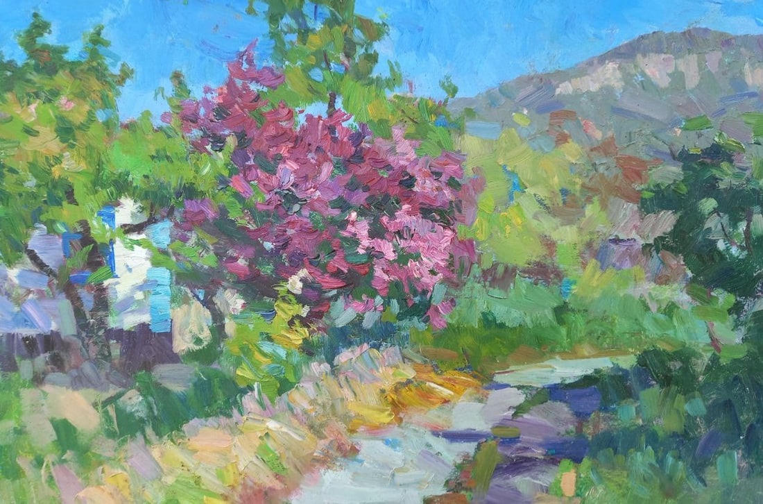 Oil painting blooming lilac Alex Ditriev: 79AD Painter: Alex Ditriev S?ze: 66x44 cm/26x17.3 inches Components: oil, cardboard Original painting from our collection ERA: Short information: Alex was born on May 10, 1977 in the city of Nikolaev.