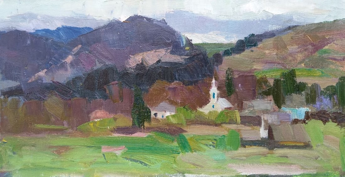 Oil painting village near the river Alex Ditriev: 99AD Painter: Alex Ditriev S?ze: 50x25.5 cm/19.7x10.0 inches Components: oil, canvas Original painting from our collection ERA: Short information: Alex was born on May 10, 1977 in the city of Nikolaev