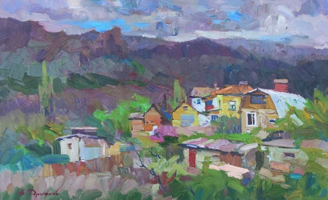 Oil painting Surrounded by mountains Alex Ditriev: 117AD Painter: Alex Ditriev S?ze: 80x50 cm/31.5x19.7 inches Components: oil, canvas Original painting from our collection ERA: Short information: Alex was born on May 10, 1977 in the city of Nikolaev.