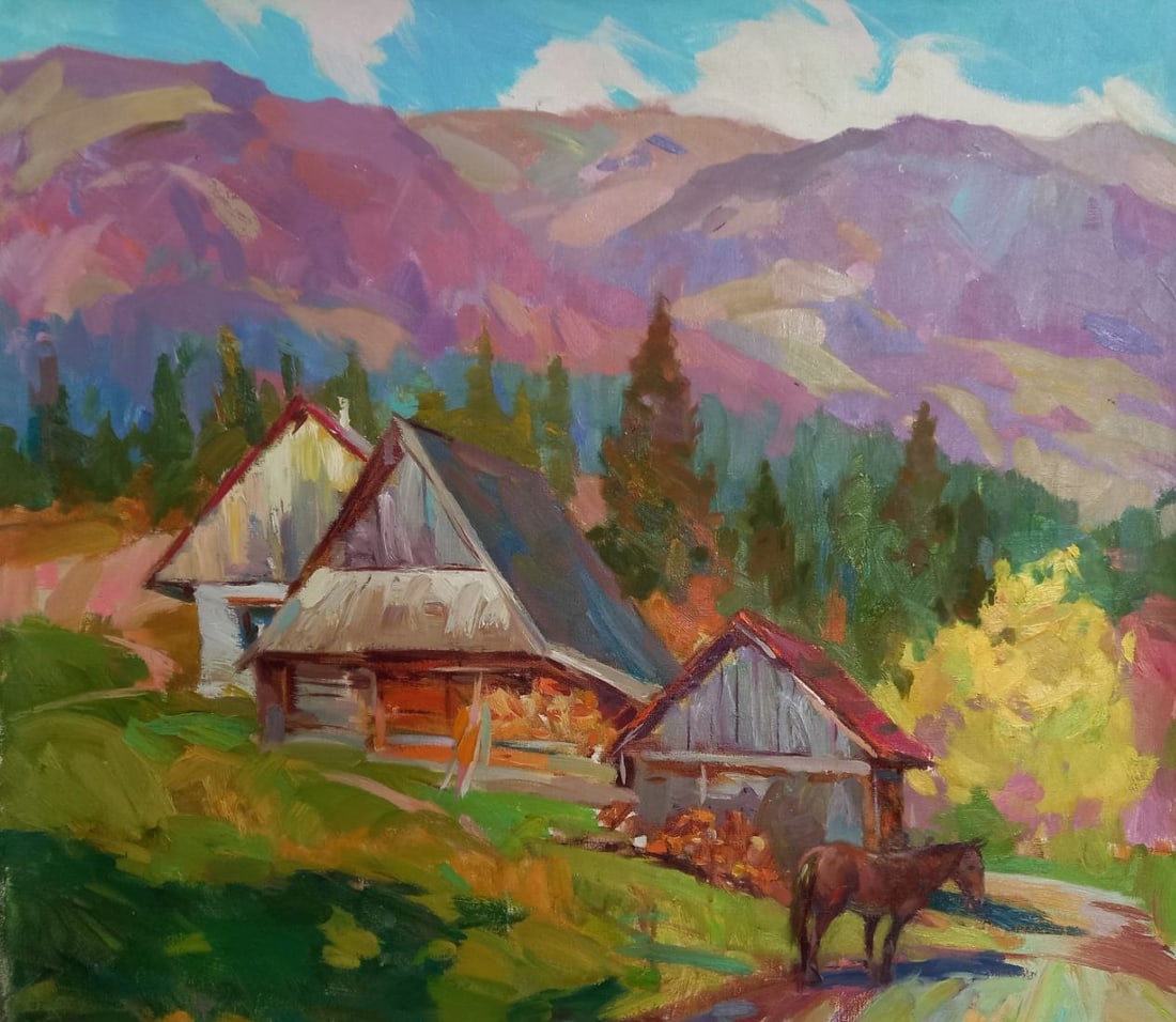 Oil painting River village Alex Ditriev: 134AD Painter: Alex Ditriev S?ze: 70x80 cm/27.6x31.5 inches Components: oil, canvas Original painting from our collection ERA: Short information: Alex was born on May 10, 1977 in the city of Nikolaev.