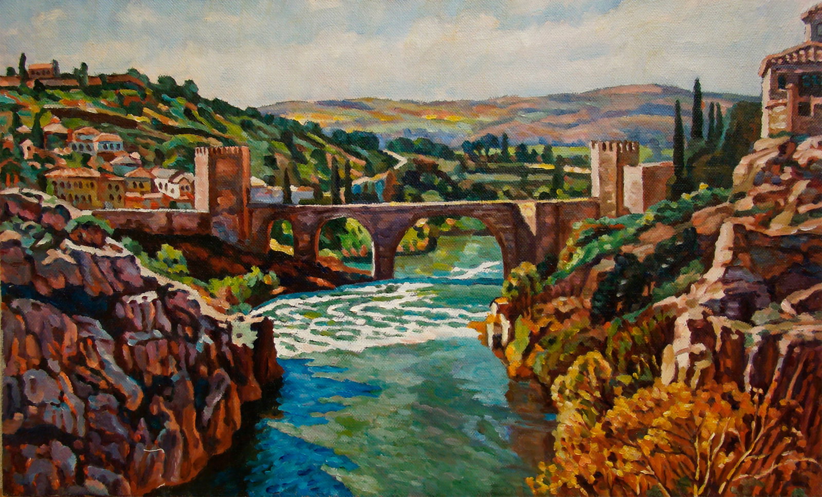 Oil painting Bridge in Toledo, Spain Valerii B: 47Butk Painter: Valerii B S?ze: 30x50 cm/11,81x19,68 inches Components: oil, canvas Original painting from our collection ERA: Short information: Valery Hryhorovych Budko (1946). Born and raised in th