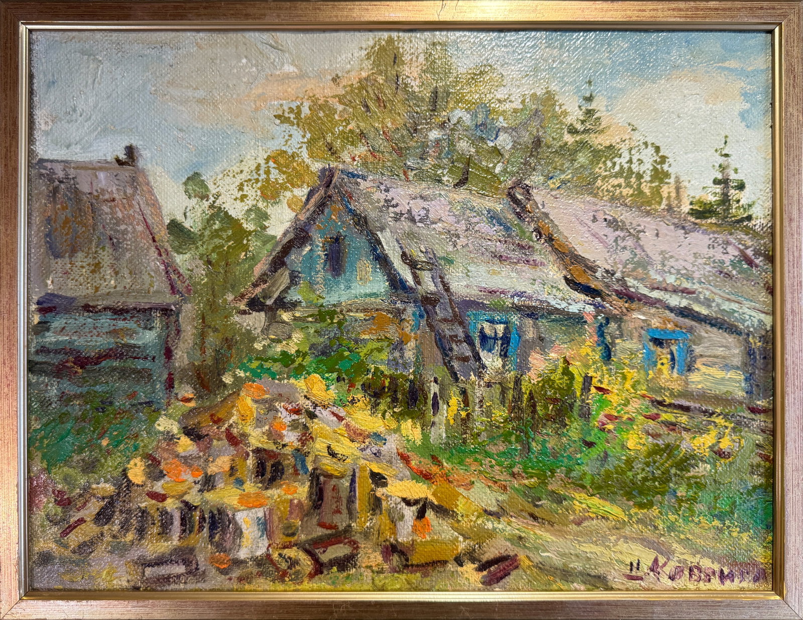 Oil painting with frame An old house K. Leonid: 78KK Painter: K. Leonid S?ze: 30x40 cm/ 11.81x15.74 inches Components: oil, canvas Original painting CONDITION: exellent ERA:2011 ARTIST: Born in the village of Ostrov, what a beautiful name, located 