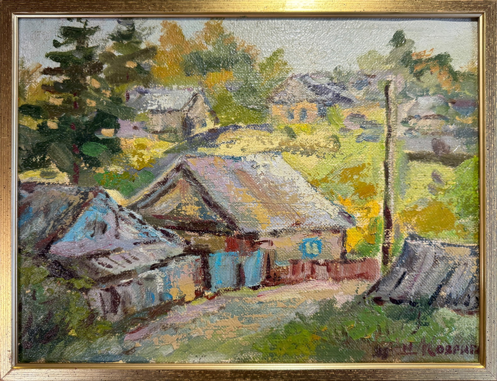Oil painting with frame Village K. Leonid: 79KK Painter: K. Leonid S?ze: 30x40 cm/ 11.81x15.74 inches Components: oil, canvas Original painting CONDITION: exellent ERA:2011 ARTIST: Born in the village of Ostrov, what a beautiful name, located 