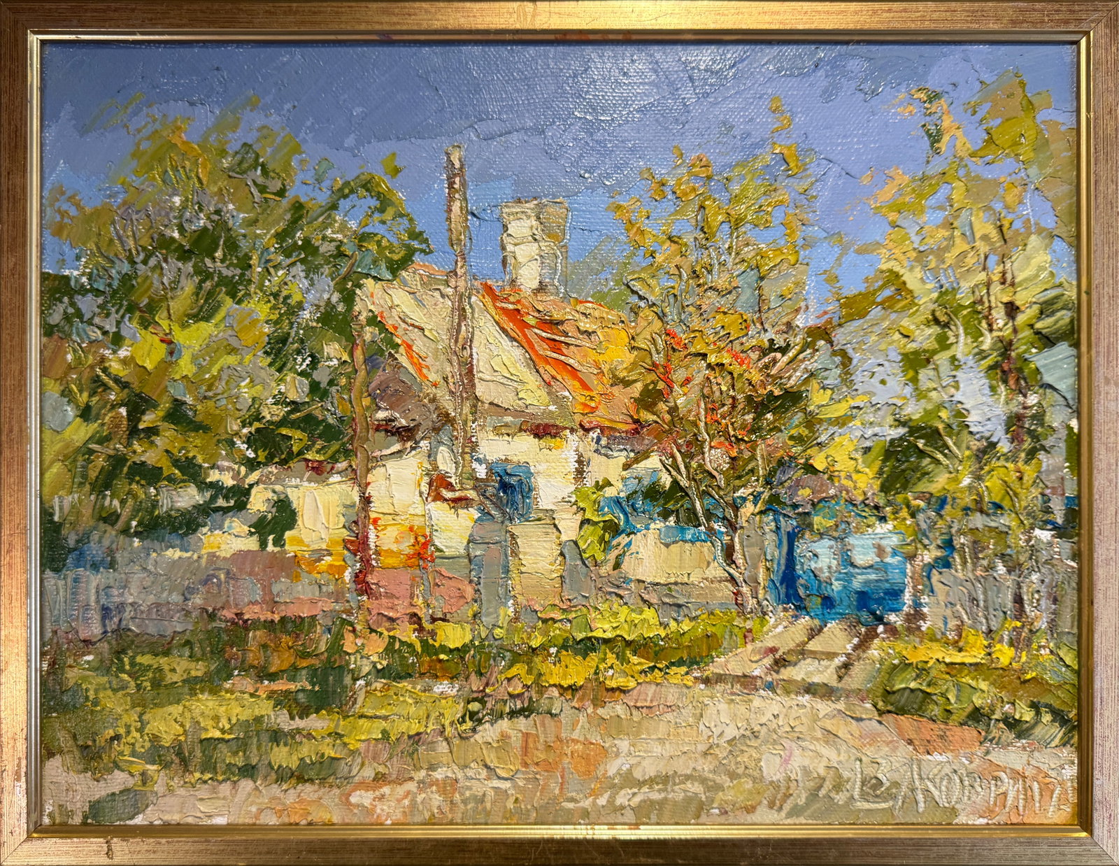 Oil painting with frame Peasant house in the Caucasus K. Leonid: 81KK Painter: K. Leonid S?ze: 30x40 cm/ 11.81x15.74 inches Components: oil, canvas Original painting CONDITION: exellent ERA:2013 ARTIST: Born in the village of Ostrov, what a beautiful name, located 