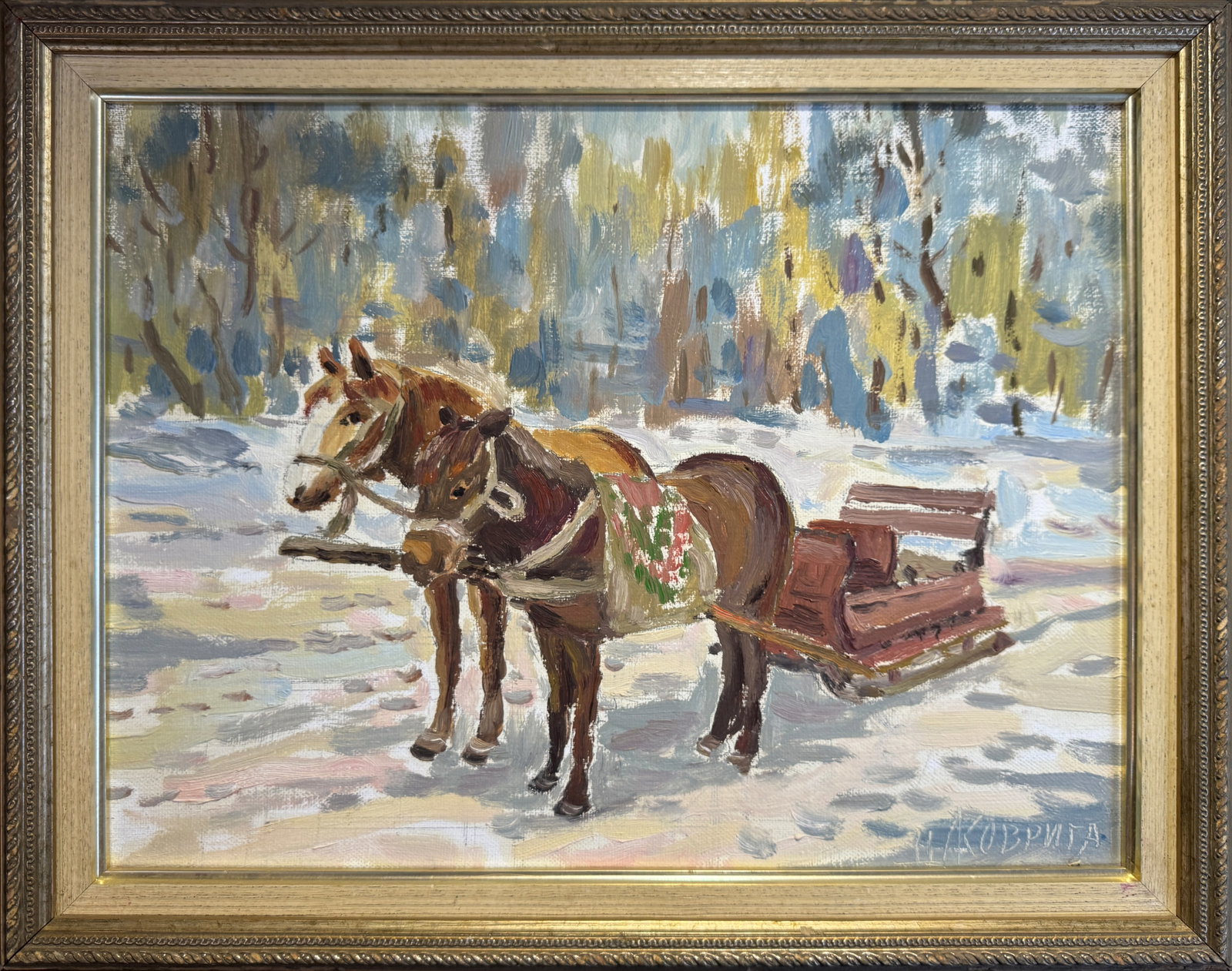 Oil painting with frame In the park. Horses K. Leonid: 85KK Painter: K. Leonid S?ze: 30x40 cm/ 11.81x15.74 inches Components: oil, canvas Original painting CONDITION: exellent ERA:2011 ARTIST: Born in the village of Ostrov, what a beautiful name, located 