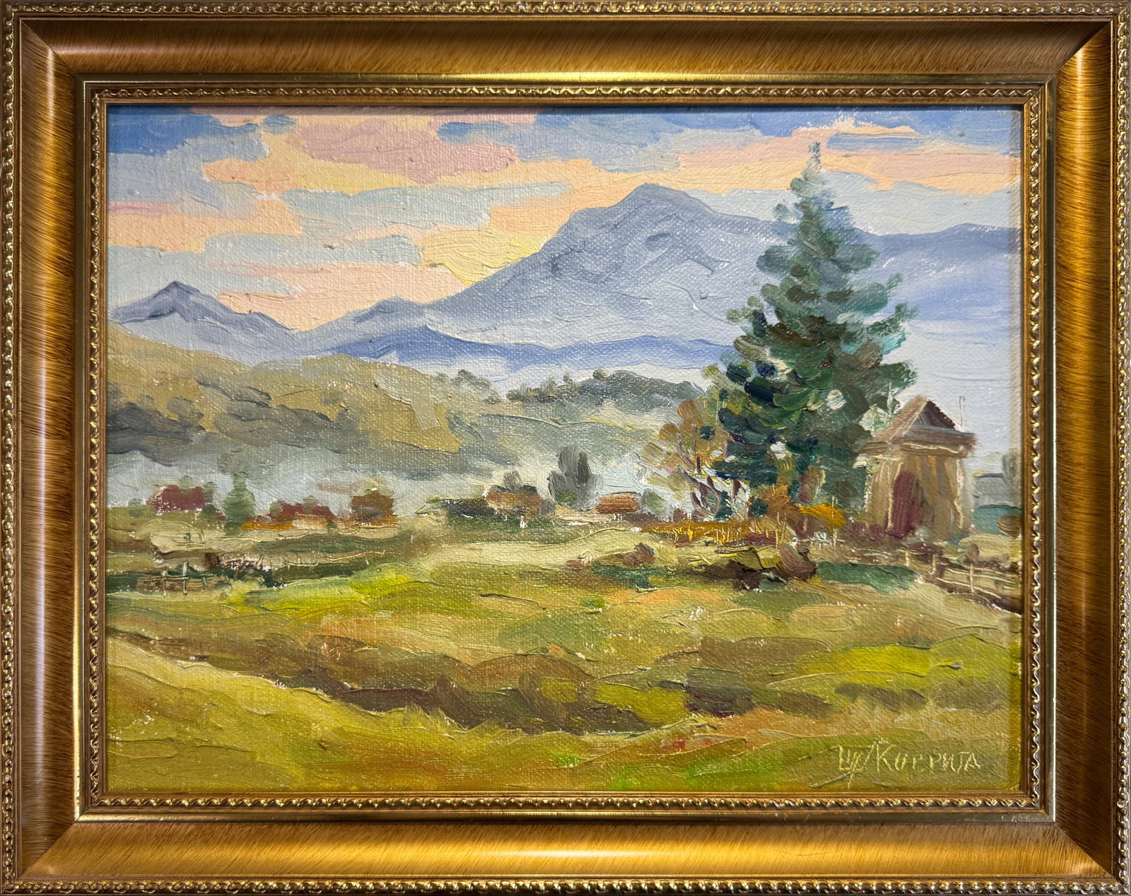 Oil painting with frame Carpathian mountain resort K. Leonid: 86KK Painter: K. Leonid S?ze: 30x40 cm/ 11.81x15.74 inches Components: oil, canvas Original painting CONDITION: exellent ERA:2014 ARTIST: Born in the village of Ostrov, what a beautiful name, located 