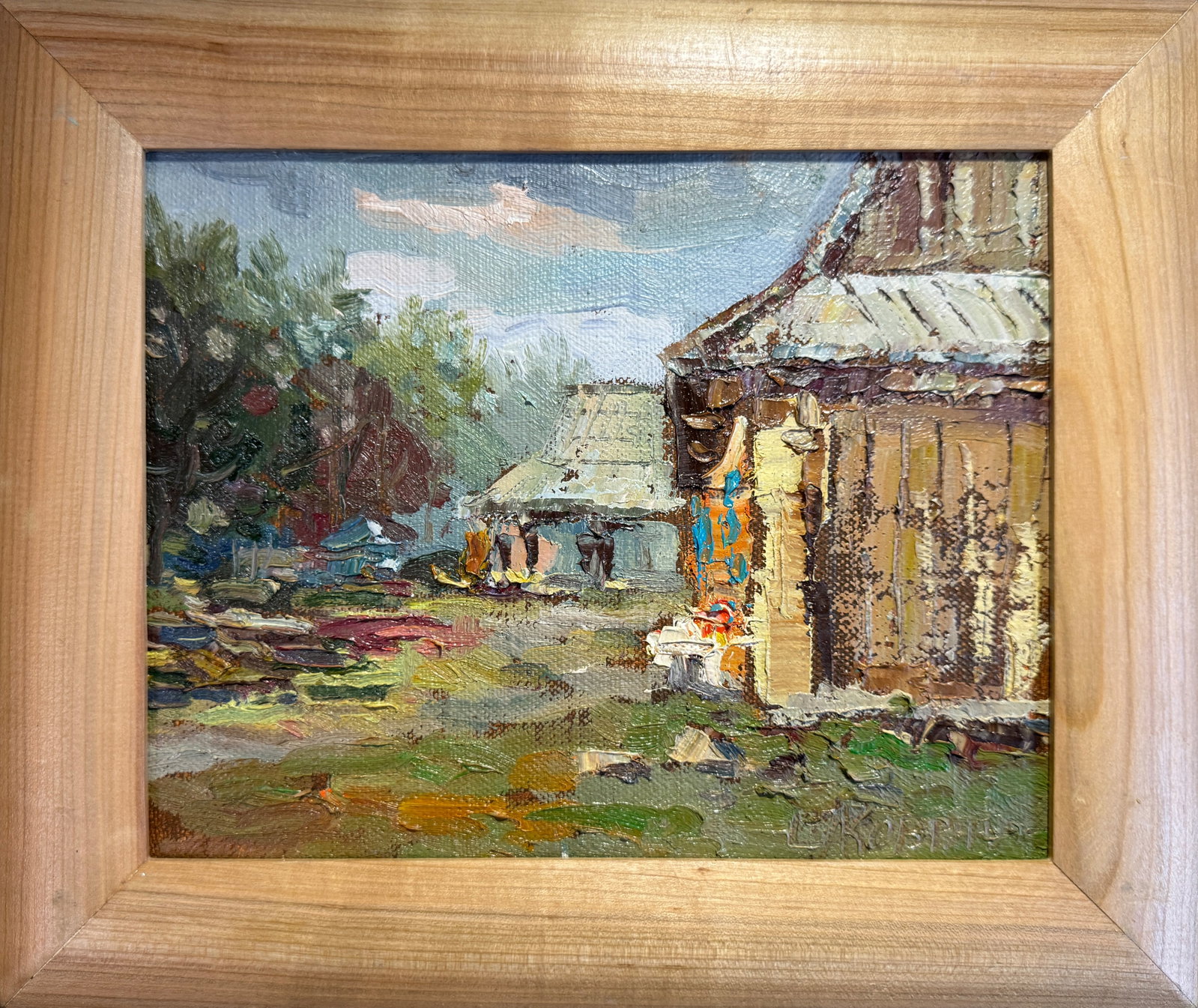 Oil painting with frame morning porch K. Leonid: 91KK Painter: K. Leonid S?ze: 24x30 cm/ 9.44x11.81 inches Components: oil, canvas Original painting CONDITION: exellent ERA:2013 ARTIST: Born in the village of Ostrov, what a beautiful name, located i