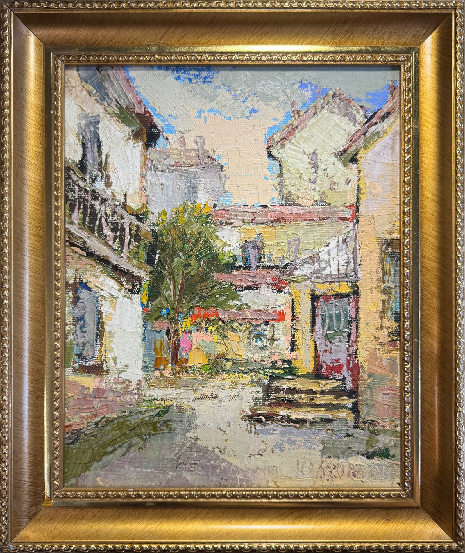 Oil painting with frame yard K. Leonid: 93KK Painter: K. Leonid S?ze: 30x24 cm/ 11.81x9.44 inches Components: oil, acrylic, canvas Original painting CONDITION: exellent ERA:2009 ARTIST: Born in the village of Ostrov, what a beautiful name, 
