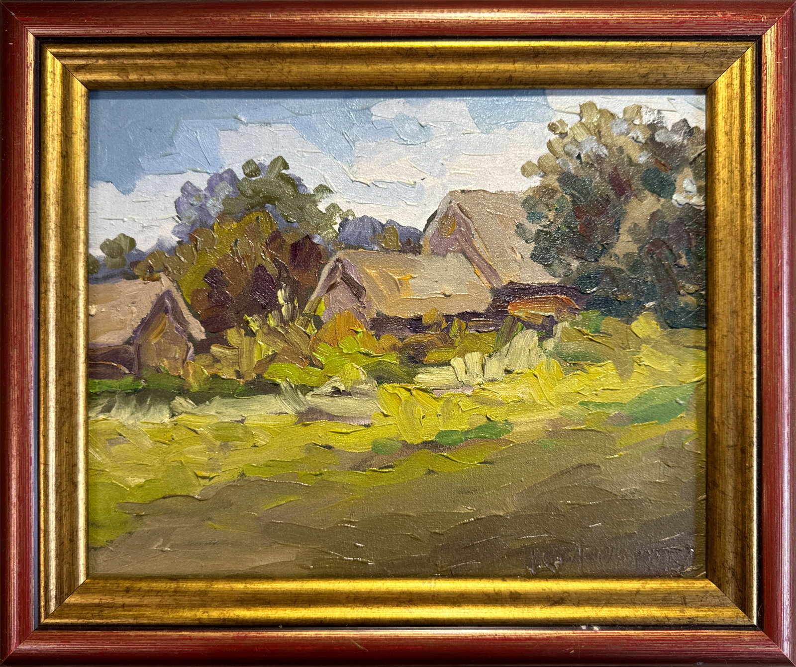 Oil painting with frame old hut K. Leonid: 106KK Painter: K. Leonid S?ze: 24x30 cm/ 9.44x11.81 inches Components: oil, canvas Original painting CONDITION: exellent ERA:2018 ARTIST: Born in the village of Ostrov, what a beautiful name, located 