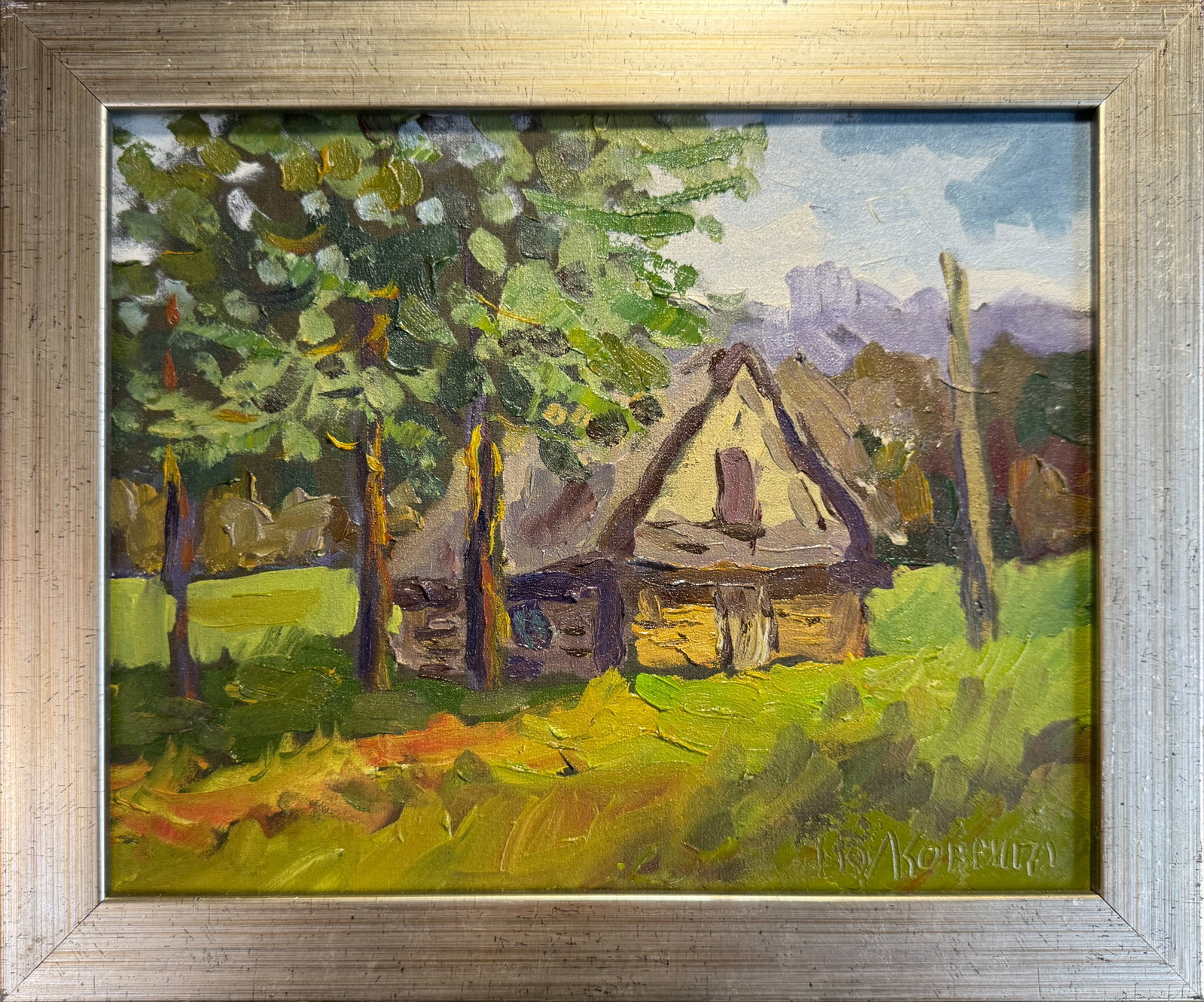 Oil painting with frame old house in the Carpathians K. Leonid: 117KK Painter: K. Leonid S?ze: 24x30 cm/ 9.44x11.81 inches Components: oil, canvas Original painting CONDITION: exellent ERA:2019 ARTIST: Born in the village of Ostrov, what a beautiful name, located 