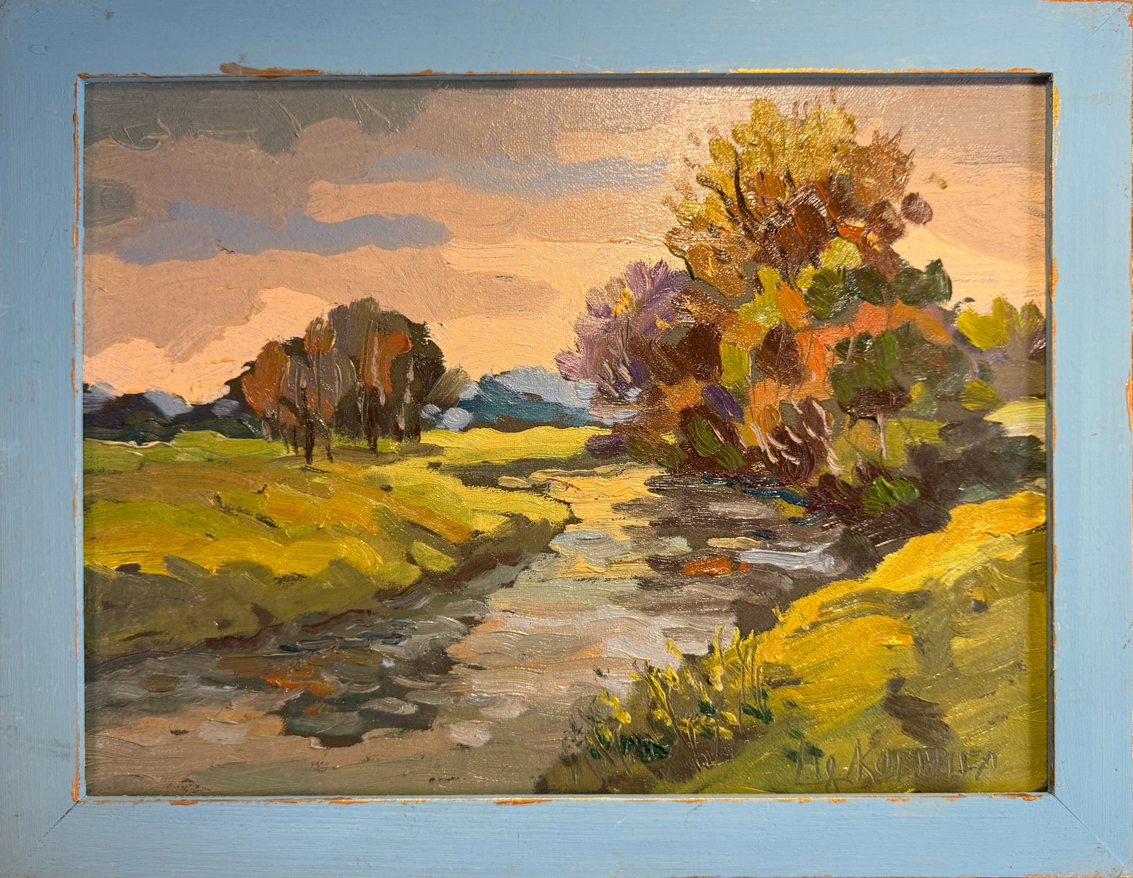 Oil painting with frame evening on the river K. Leonid: 121KK Painter: K. Leonid S?ze: 30x40 cm/ 11.81x15.74 inches Components: oil, canvas Original painting CONDITION: exellent ERA:2018 ARTIST: Born in the village of Ostrov, what a beautiful name,