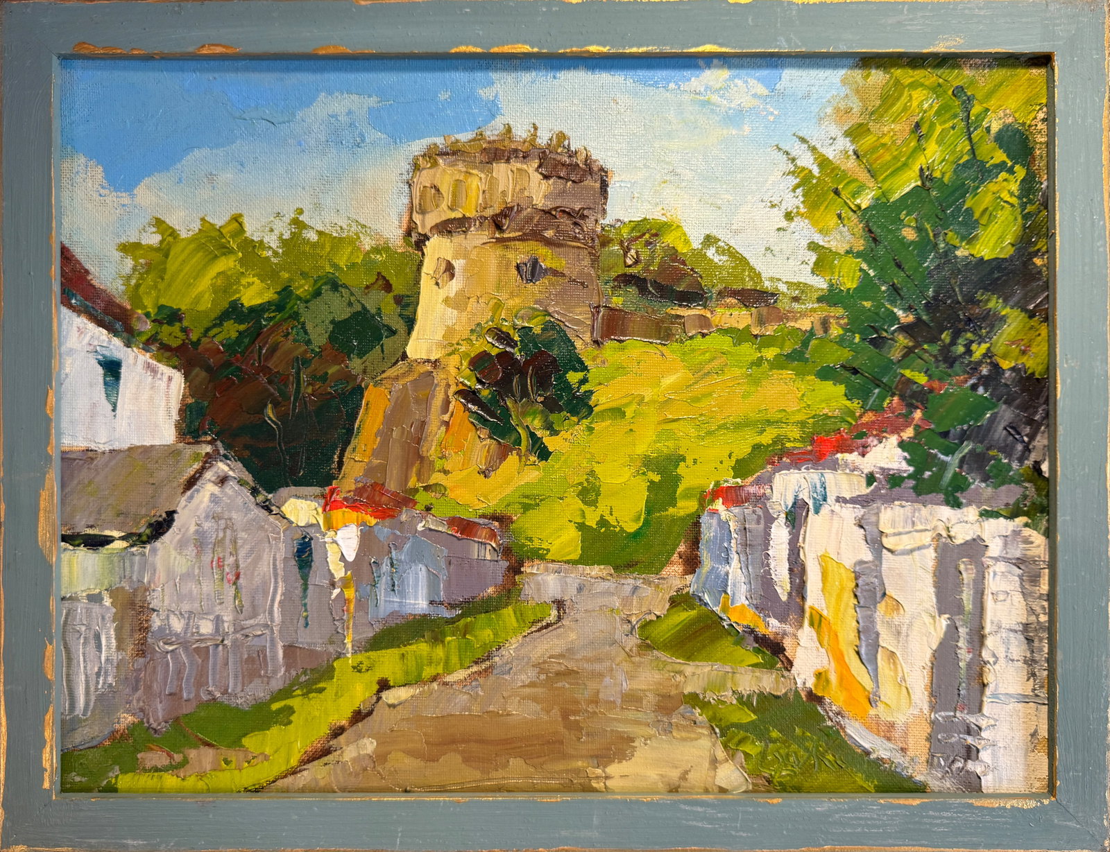 Oil painting with frame Round Tower (Ostroh) K. Leonid: 123KK Painter: K. Leonid S?ze: 30x40 cm/ 11.81x15.74 inches Components: oil, canvas, cardboard Original painting CONDITION: exellent ERA:2021 ARTIST: Born in the village of Ostrov, what a beautiful na