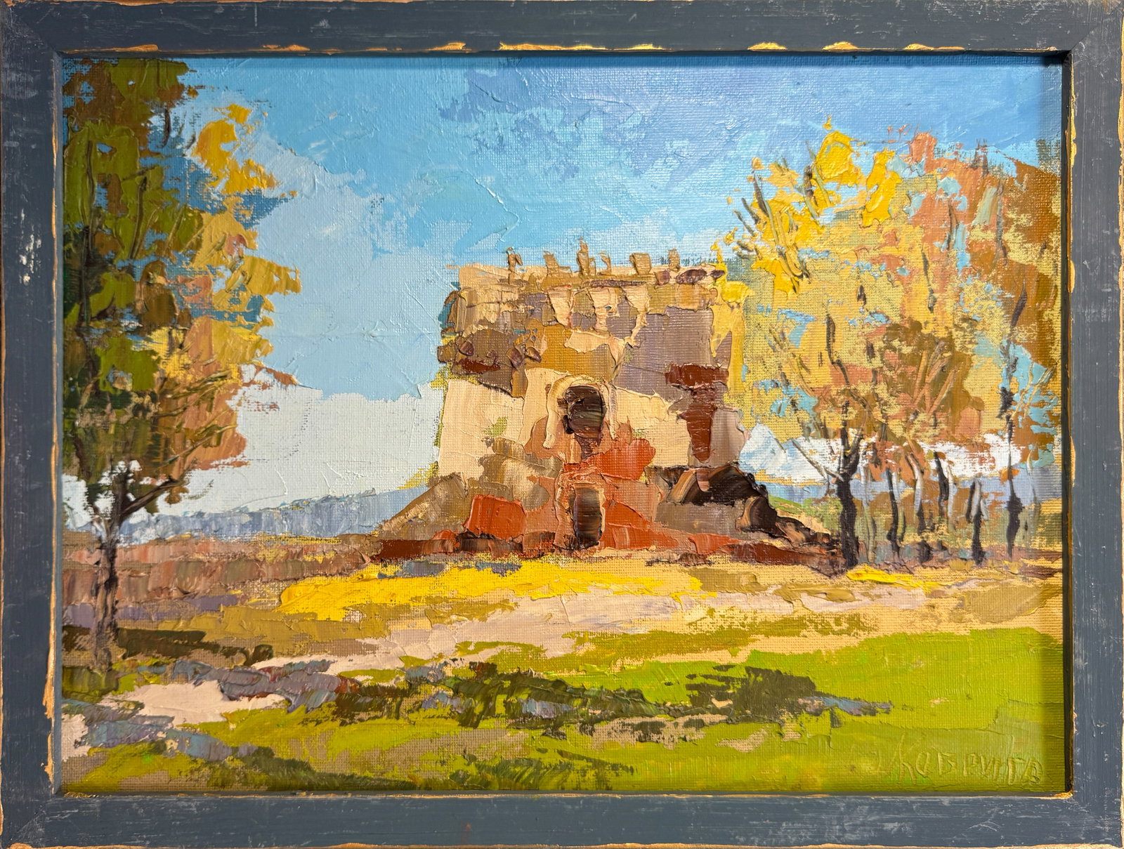 Oil painting with frame Round Tower (Ostroh) K. Leonid: 129KK Painter: K. Leonid S?ze: 30x40 cm/ 11.81x15.74 inches Components: oil, canvas, cardboard Original painting CONDITION: exellent ERA:2021 ARTIST: Born in the village of Ostrov, what a beautiful na