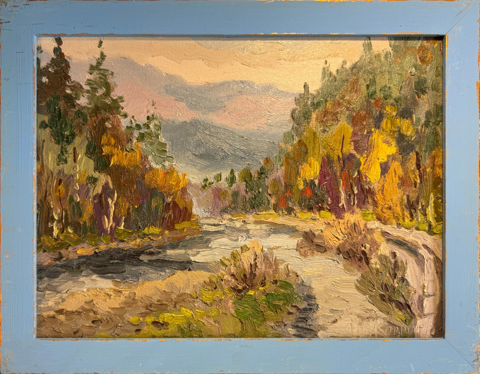 Oil painting with frame river in the Carpathians K. Leonid: 136KK Painter: K. Leonid S?ze: 30x40 cm/ 11.81x15.74 inches Components: oil, canvas Original painting CONDITION: exellent ERA:2019 ARTIST: Born in the village of Ostrov, what a beautiful name,