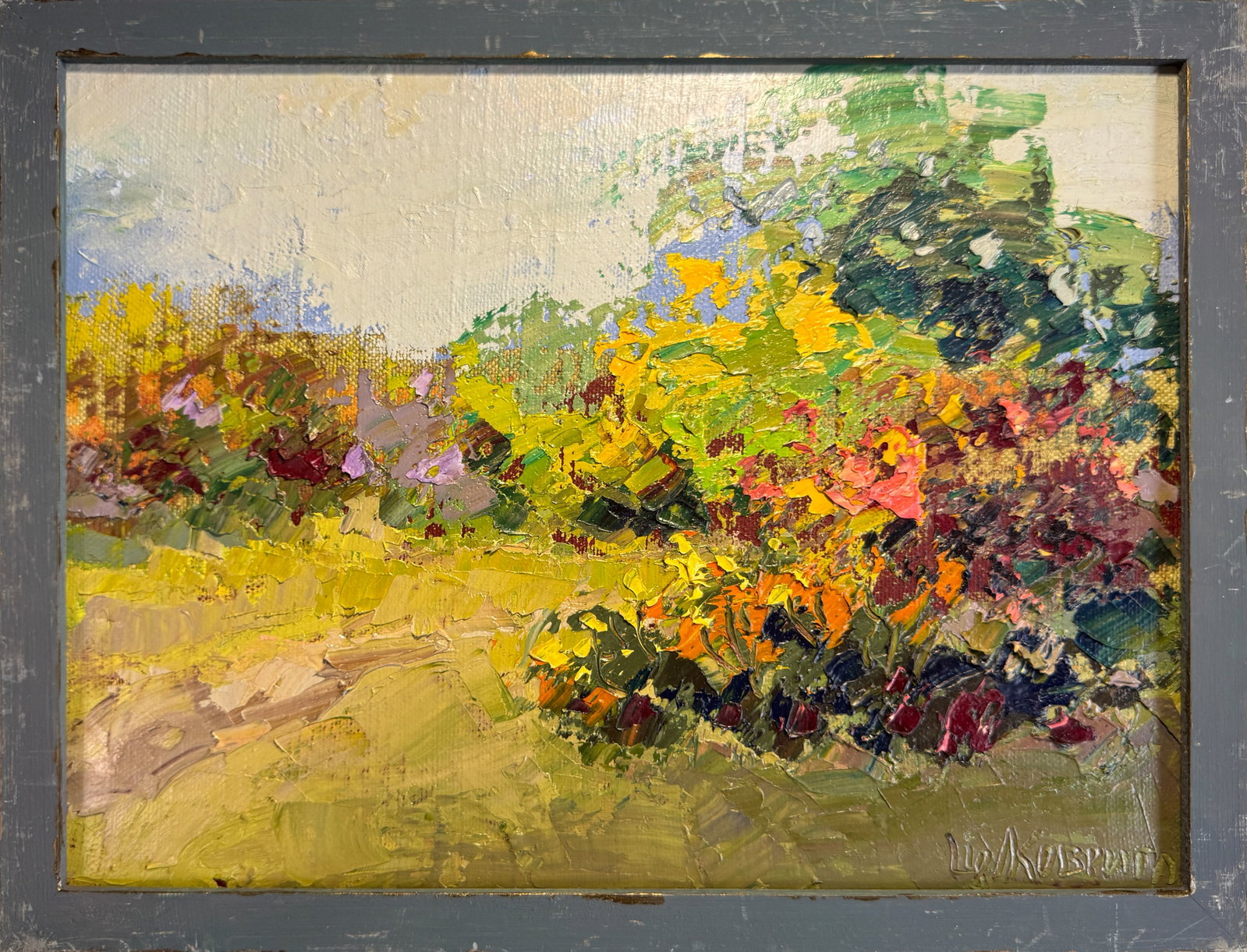 Oil painting with frame Autumn K. Leonid: 143KK Painter: K. Leonid S?ze: 30x40 cm/ 11.81x15.74 inches Components: oil, canvas Original painting CONDITION: exellent ERA:2018 ARTIST: Born in the village of Ostrov, what a beautiful name, located