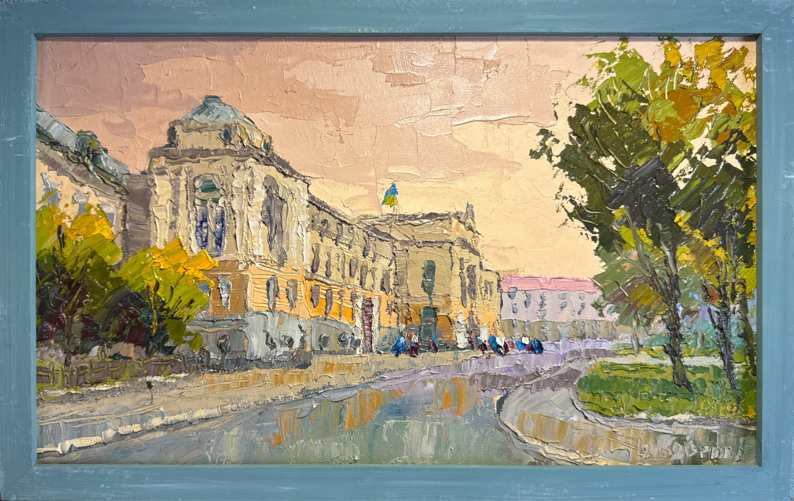 Oil painting with frame Ivan Franko National University of Lviv K. Leonid: 152KK Painter: K. Leonid S?ze: 30x50 cm/ 11.81x19.68 inches Components: oil, canvas, cardboard Original painting CONDITION: exellent ERA:2021 ARTIST: Born in the village of Ostrov, what a beautiful na