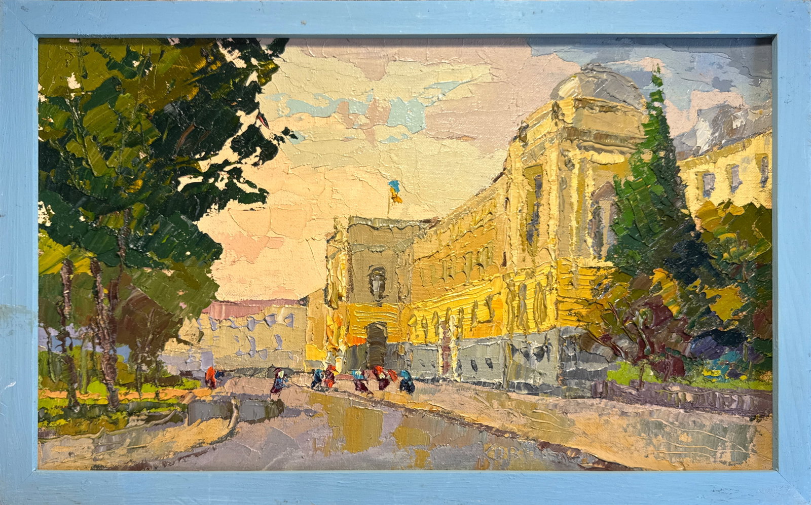 Oil painting with frame Ivan Franko National University of Lviv K. Leonid: 155KK Painter: K. Leonid S?ze: 30x50 cm/ 11.81x19.68 inches Components: oil, canvas, cardboard Original painting CONDITION: exellent ERA:2021 ARTIST: Born in the village of Ostrov, what a beautiful na