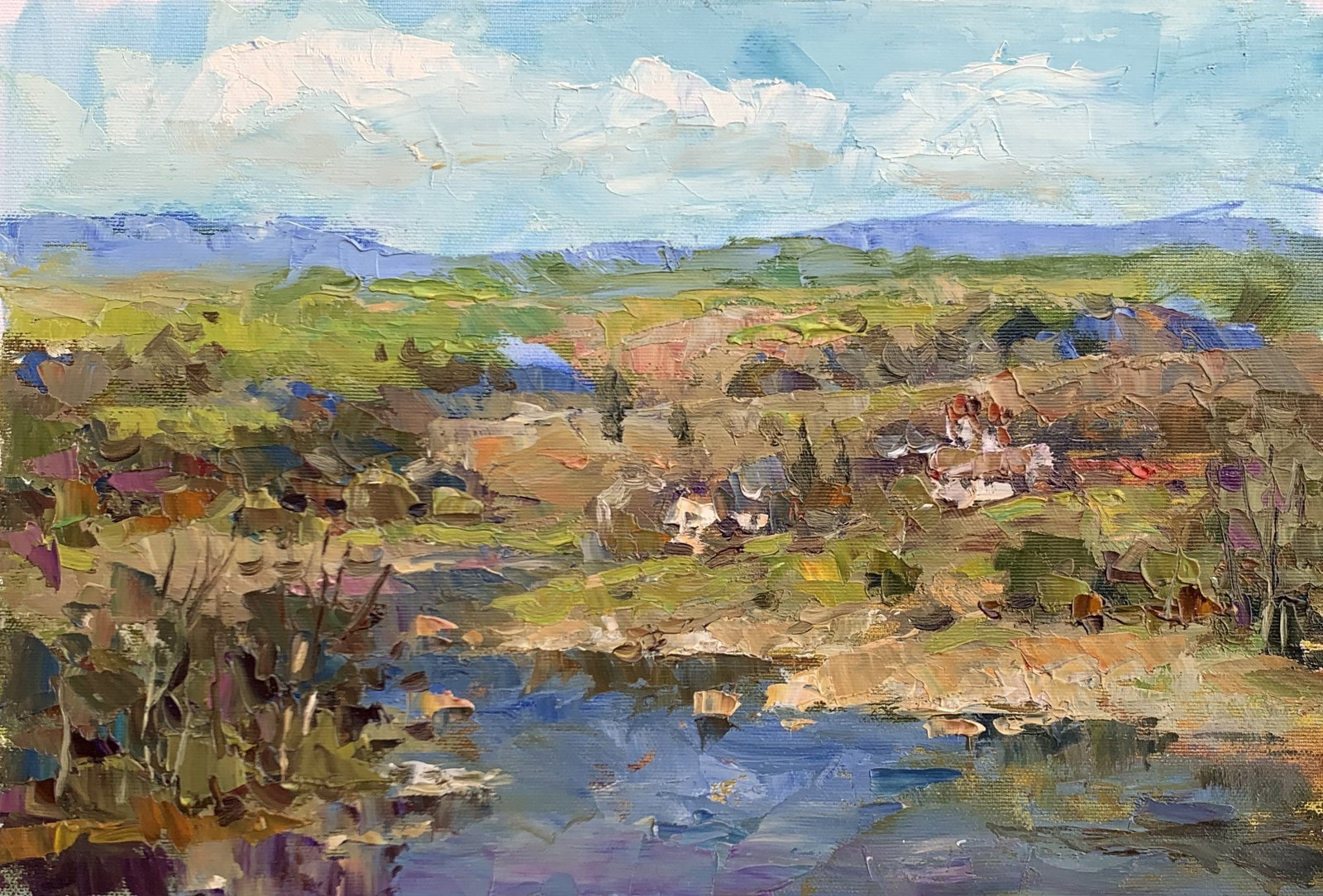 Oil painting Near the pond Sergey Ivanovich Animov: 300DDD Painter: Sergey Ivanovich Animov S?ze: 25x38 cm/9,84x14,96 inches Components: canvas, oil Original painting from our collection ERA: modern About the artist: Serhiy Ivanovych was born on May