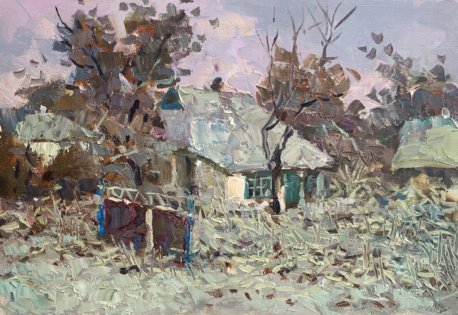 Oil painting Snowy yard Sergey Ivanovich Animov: 306DDD Painter: Sergey Ivanovich Animov S?ze: 26x38 cm/10,23x14,96 inches Components: canvas, oil Original painting from our collection ERA: modern About the artist: Serhiy Ivanovych was born on May 1
