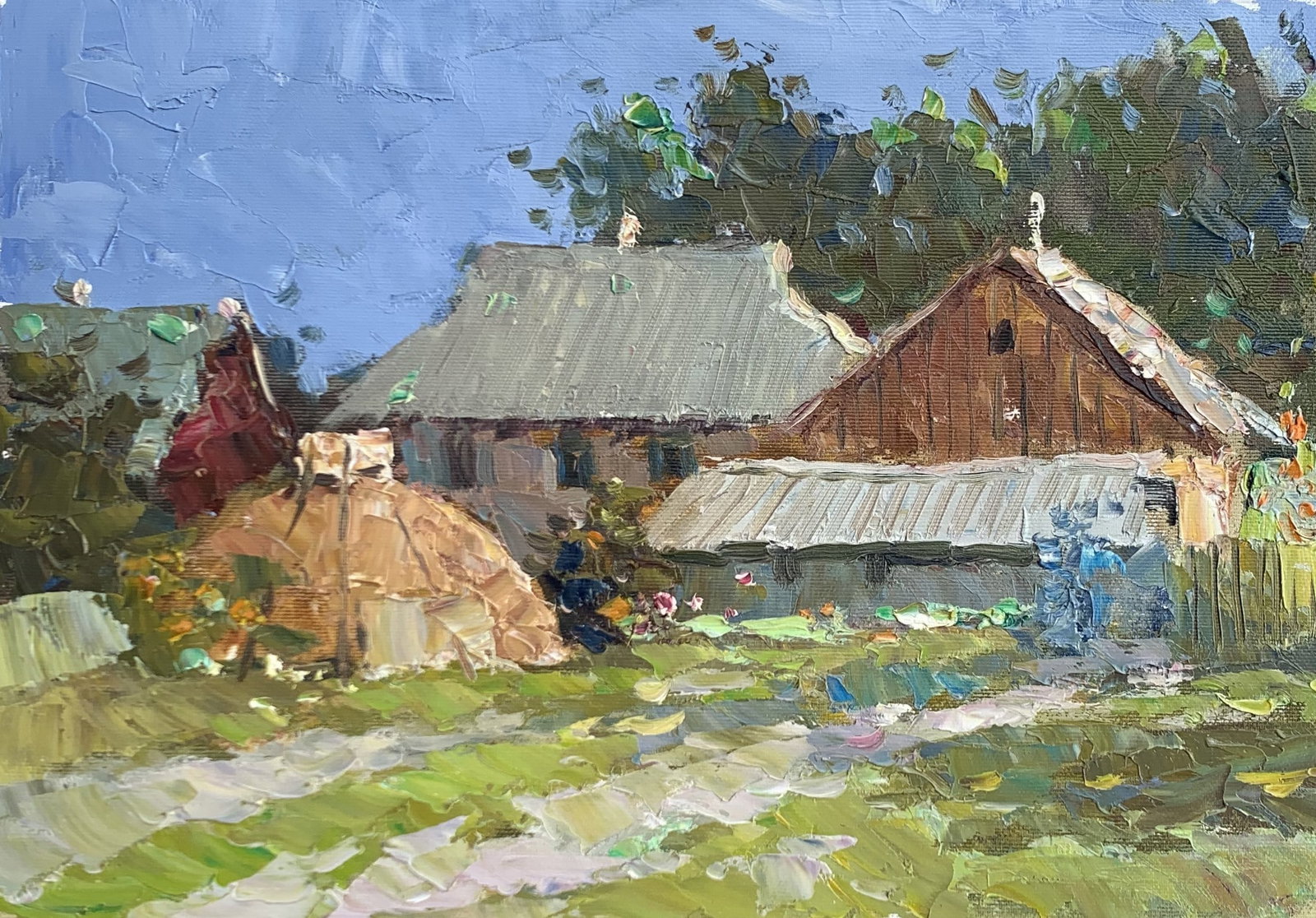 Oil painting Summer afternoon in the village Sergey Ivanovich Animov: 314DDD Painter: Sergey Ivanovich Animov S?ze: 27x37 cm/10,63x14,56 inches Components: canvas, oil Original painting from our collection ERA: modern About the artist: Serhiy Ivanovych was born on May 1