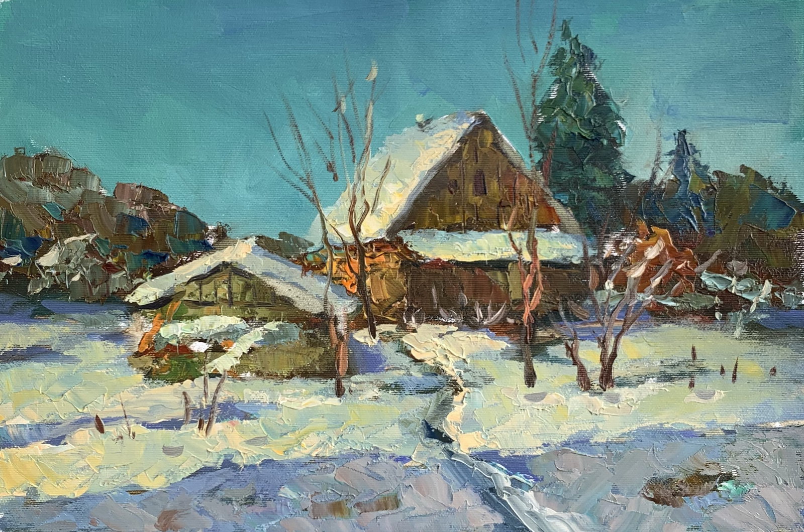 Oil painting House by the winter forest Sergey Ivanovich Animov: 319DDD Painter: Sergey Ivanovich Animov S?ze: 26x39 cm/10,23x15,35 inches Components: canvas, oil Original painting from our collection ERA: modern About the artist: Serhiy Ivanovych was born on May