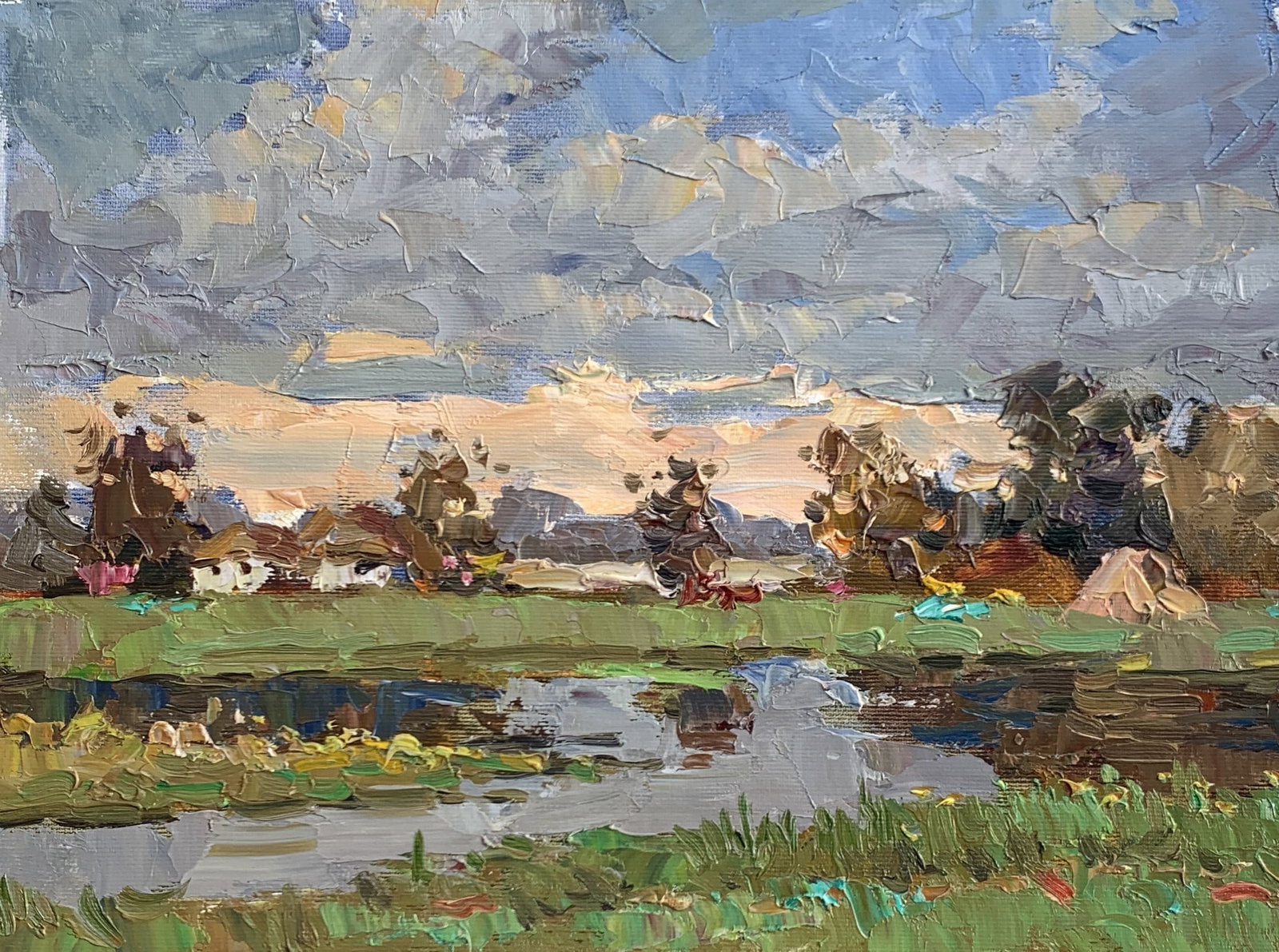 Oil painting Meadows near the pond Sergey Ivanovich Animov: 323DDD Painter: Sergey Ivanovich Animov S?ze: 26x34 cm/10,23x13,38 inches Components: canvas, oil Original painting from our collection ERA: modern About the artist: Serhiy Ivanovych was born on May 1