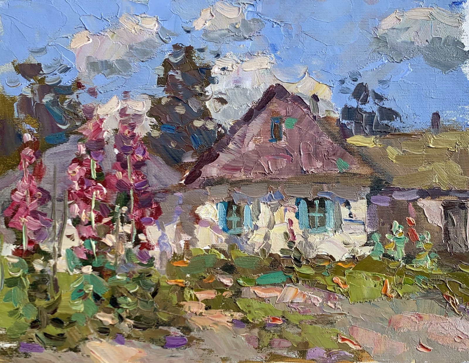Oil painting It's summer outside Yard Sergey Ivanovich Animov: 326DDD Painter: Sergey Ivanovich Animov S?ze: 26x33 cm/10,23x12,99 inches Components: canvas, oil Original painting from our collection ERA: modern About the artist: Serhiy Ivanovych was born on May 1