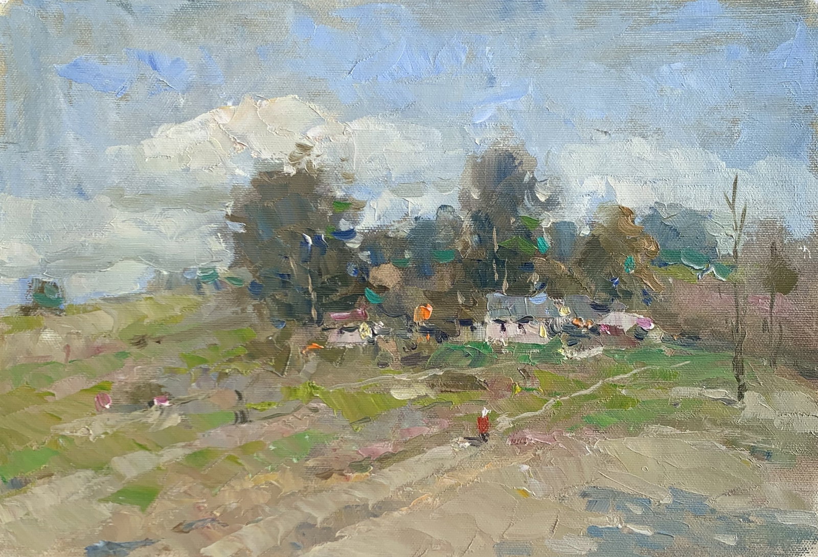 Oil painting Morning coolness Yard Sergey Ivanovich Animov: 327DDD Painter: Sergey Ivanovich Animov S?ze: 26x38 cm/10,23x14,96 inches Components: canvas, oil Original painting from our collection ERA: modern About the artist: Serhiy Ivanovych was born on May 1