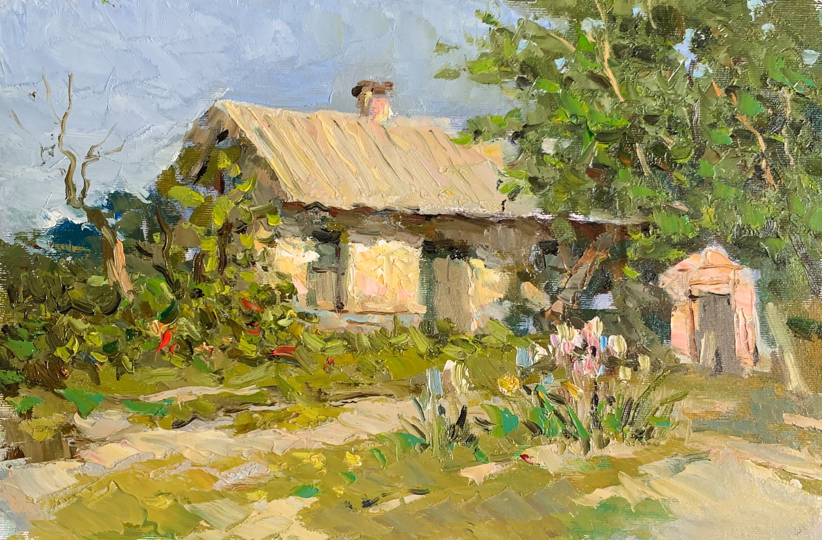 Oil painting Green porch Sergey Ivanovich Animov: 328DDD Painter: Sergey Ivanovich Animov S?ze: 25x39 cm/9.84x15.35 inches Components: canvas, oil Original painting from our collection ERA: modern About the artist: Serhiy Ivanovych was born on May 12
