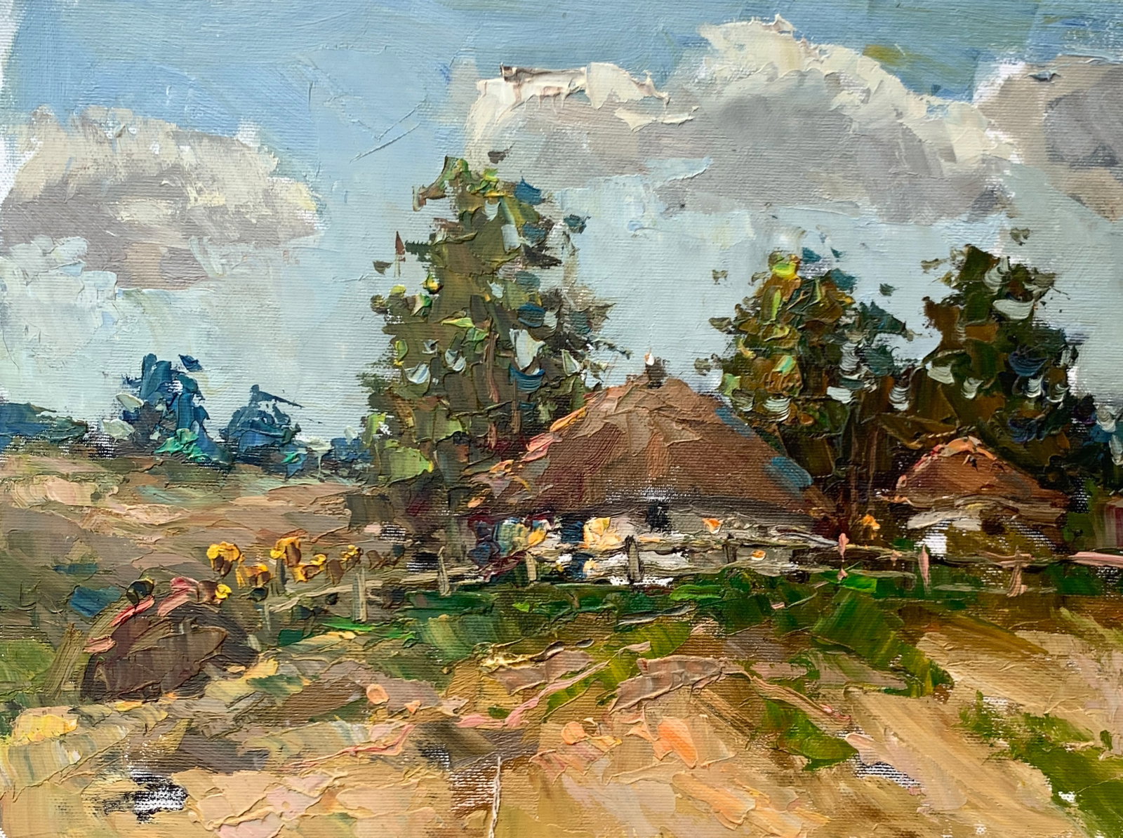 Oil painting House on the hill Sergey Ivanovich Animov: 345DDD Painter: Sergey Ivanovich Animov S?ze: 27x37 cm/10.63x14.56 inches Components: canvas, oil Original painting from our collection ERA: modern About the artist: Serhiy Ivanovych was born on May 1
