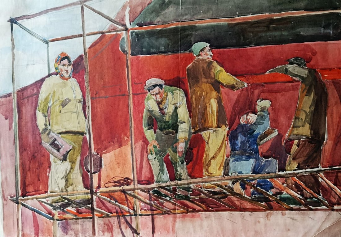 Watercolor painting People at a construction site Unknown artist (1 of 10)