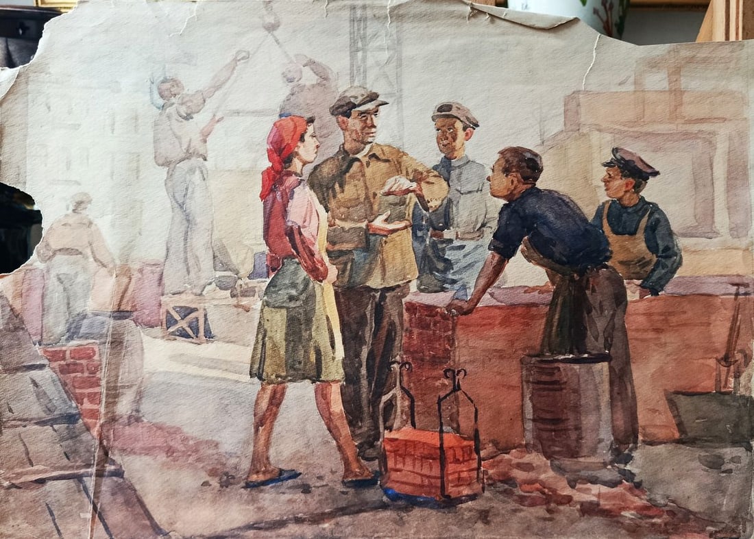 Watercolor painting Daytime construction Unknown artist: No.Verne 432*** ABOUT THIS PAINTING **** TITLE: "Daytime construction"* ARTISTS: Unknown artist* SIZE: -x- cm/'-x- inches'* MEDIUM: watercolor, paper* HAND PAINTED: Original painting from our