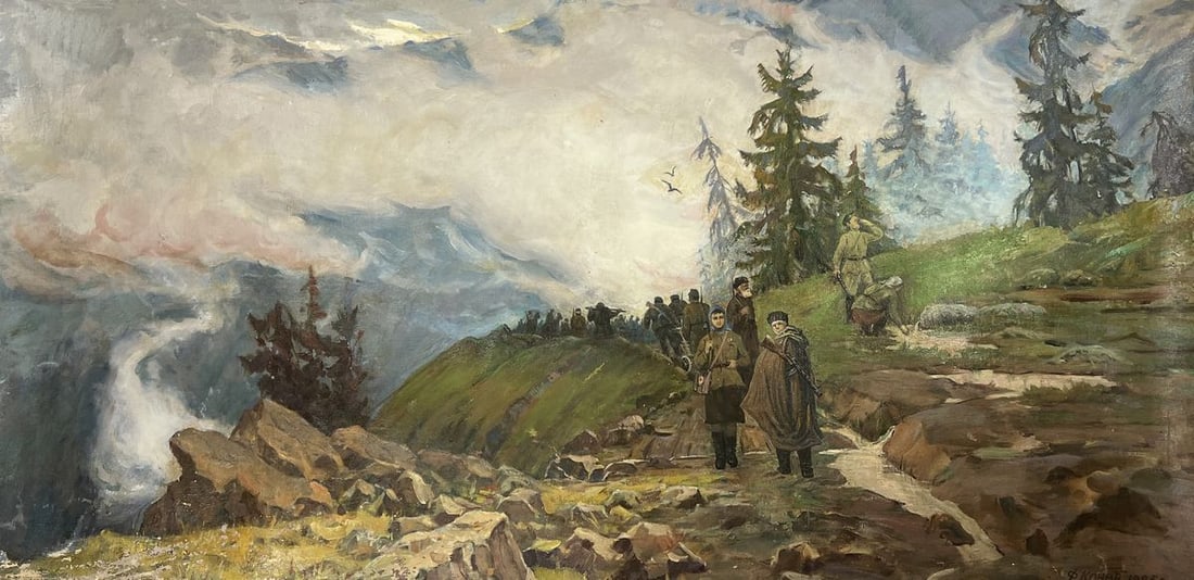 Oil painting Whisper of the Wind in the mountains Fedor Konev: No.AAA5186 The oil painting on Canvas titled "Whisper of the Wind in the Mountains" captures a dramatic yet contemplative moment in a highland setting where humanity meets the majestic stillness of na