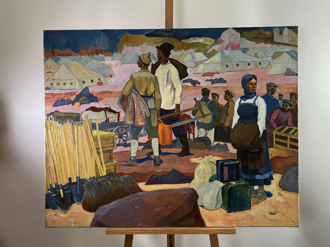 Oil painting Military camp Serhiy Gnoyovy: No.AAA5876 The Oil painting Canvas titled "Military camp" presents a vivid and monumental depiction of life within a transient settlement shaped by the urgency of war and the weight of duty. The artis
