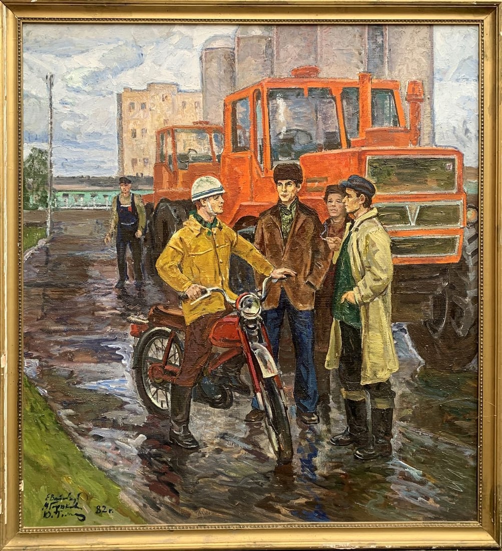 Oil painting Mechanics Weissburg Efim Efimovich: No.AAA3089 The oil painting "Mechanics" depicts a scene of industrial camaraderie and labor. Four figures, presumably mechanics or workers, are the focal point of the composition. They are situated in