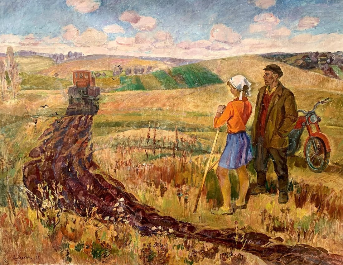 Social realism oil painting Days on the field Barinova-Kuleba Vera Ivanovna: No.1518 *** ABOUT THIS PAINTING *** * TITLE: "Days on the field" * ARTISTS: Barinova-Kuleba Vera Ivanovna * SIZE: 130x170 cm/'51.18x66.92 inches' * MEDIUM: oil, canvas * HAND PAINTED: Original paintin