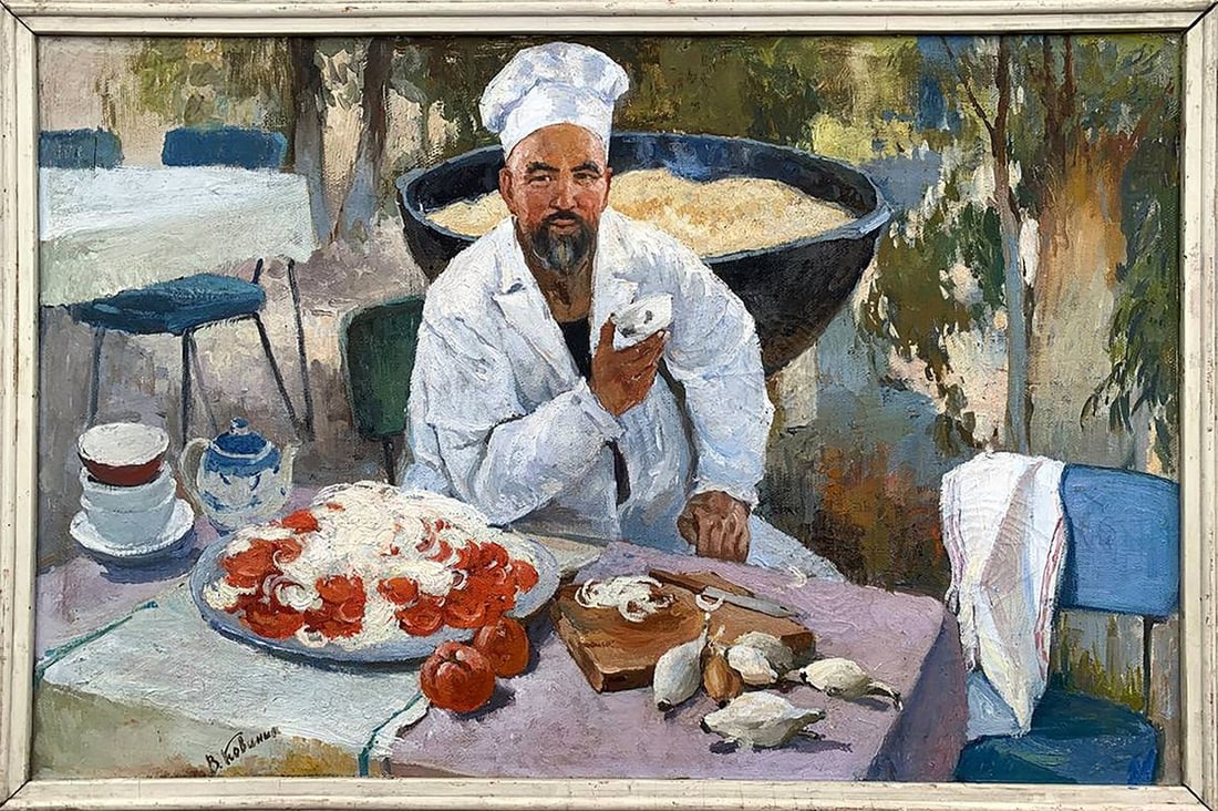 Oil painting Uzbek pilaf Kovinin Valery Mikhailovich: No.1615 *** ABOUT THIS PAINTING *** * TITLE: "Uzbek pilaf" * ARTISTS: Kovinin Valery Mikhailovich * SIZE: 40x60 cm/'15.74x23.62 inches' * MEDIUM: oil, canvas * HAND PAINTED: Original painting from