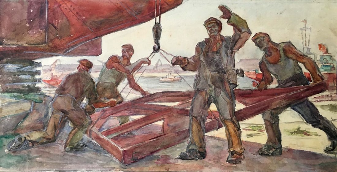 Oil painting Ship repair: No.Verns 69 *** ABOUT THIS PAINTING *** * TITLE: "Ship repair" * ARTISTS: Unknown artist * SIZE: 39x20 cm/'15.35x7.87 inches' * MEDIUM: watercolor, cardboard * HAND PAINTED: Original painting from