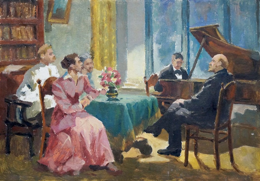 Oil painting Meeting at Lenin Yelena Petrovna Samokish-Sudkovskaya: No.Verns 278 *** ABOUT THIS PAINTING *** * TITLE: "Meeting at Lenin" * ARTISTS: Yelena Petrovna Samokish-Sudkovskaya * SIZE: 28x40 cm/'11.02x15.74 inches' * MEDIUM: oil, cardboard * HAND PAINTED: Orig