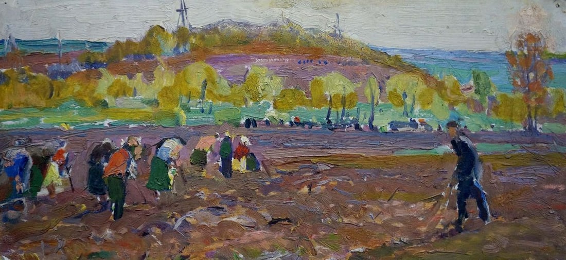 Oil painting Cleaning on the field Sakhnenko Viktor Ivanovich: No.Verns 362 *** ABOUT THIS PAINTING *** * TITLE: "Cleaning on the field" * ARTISTS: Sakhnenko Viktor Ivanovich * SIZE: 22x48 cm/'8.66x18.89 inches' * MEDIUM: oil, cardboard * HAND PAINTED: Original p