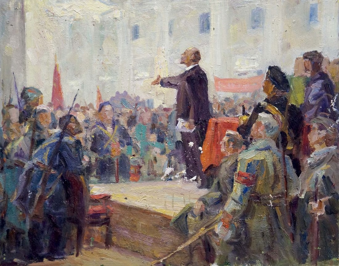 Oil painting Lenin speaks Bazylev Nikolay Ivanovich: No.Verns 420 *** ABOUT THIS PAINTING *** * TITLE: "Lenin speaks" * ARTISTS: Bazylev Nikolay Ivanovich * SIZE: 40x50 cm/'15.74x19.68 inches' * MEDIUM: oil, cardboard * HAND PAINTED: Original painting f