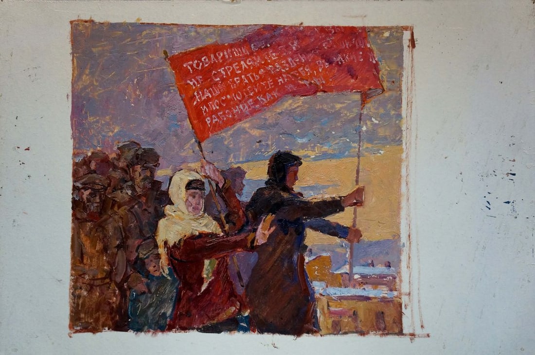 Oil painting Rally of people Pokulity Konstantin Ivanovich: No.Verns 452 *** ABOUT THIS PAINTING *** * TITLE: "Rally of people" * ARTISTS: Pokulity Konstantin Ivanovich * SIZE: 50x70 cm/'19.68x27.55 inches' * MEDIUM: oil, cardboard * HAND PAINTED: Original pai