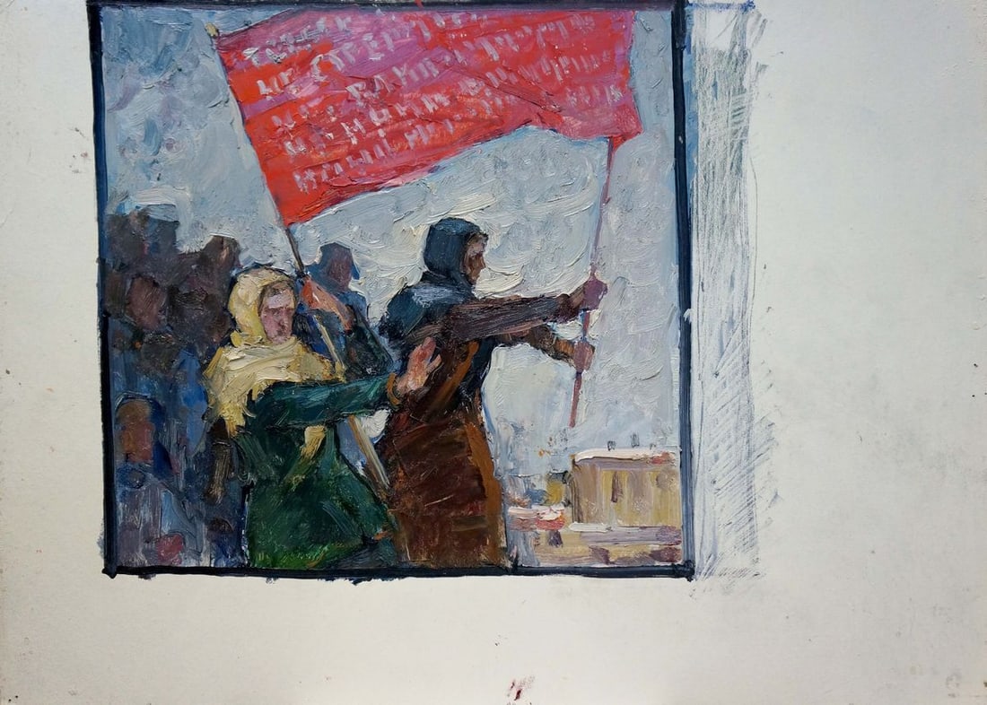 Oil painting Rally of people Pokulity Konstantin Ivanovich: No.Verns 457 *** ABOUT THIS PAINTING *** * TITLE: "Rally of people" * ARTISTS: Pokulity Konstantin Ivanovich * SIZE: 50x70 cm/'19.68x27.55 inches' * MEDIUM: oil, cardboard * HAND PAINTED: Original pai
