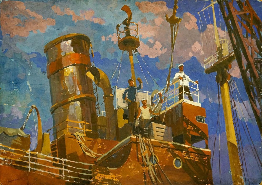 Oil painting Sailors go Kordonsky Martin-Vigdor Leibovich: No.Verns 495 *** ABOUT THIS PAINTING *** * TITLE: "Sailors go" * ARTISTS: Kordonsky Martin-Vigdor Leibovich * SIZE: 50x69.2 cm/'19.68x27.24 inches' * MEDIUM: oil, cardboard * HAND PAINTED: Original pa