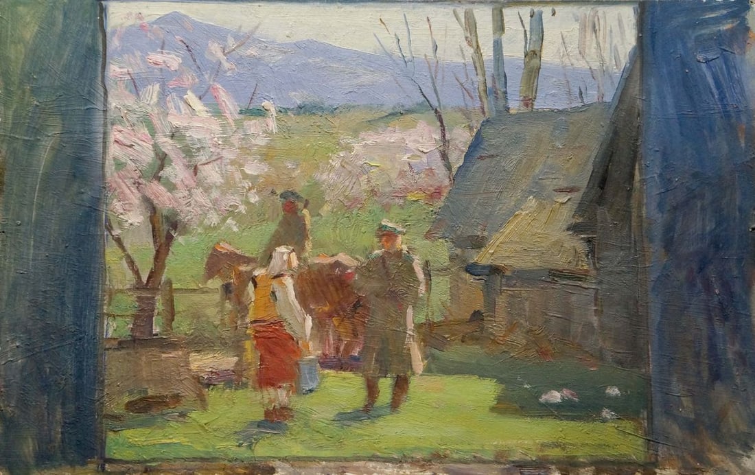 Oil painting Rural life Bazylev Nikolay Ivanovich: No.Verns 506 *** ABOUT THIS PAINTING *** * TITLE: "Rural life" * ARTISTS: Bazylev Nikolay Ivanovich * SIZE: 32x49 cm/'12.59x19.29 inches' * MEDIUM: oil, cardboard * HAND PAINTED: Original painting fro