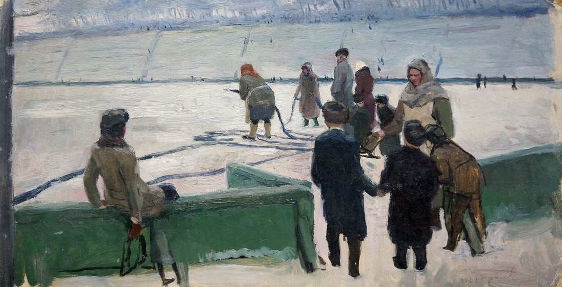 Oil painting At the stadium Grigoriev Sergey Alekseevich: No.Verns 575 *** ABOUT THIS PAINTING *** * TITLE: "At the stadium" * ARTISTS: Grigoriev Sergey Alekseevich * SIZE: 31x63 cm/'12.20x24.80 inches' * MEDIUM: oil, cardboard * HAND PAINTED: Original paint