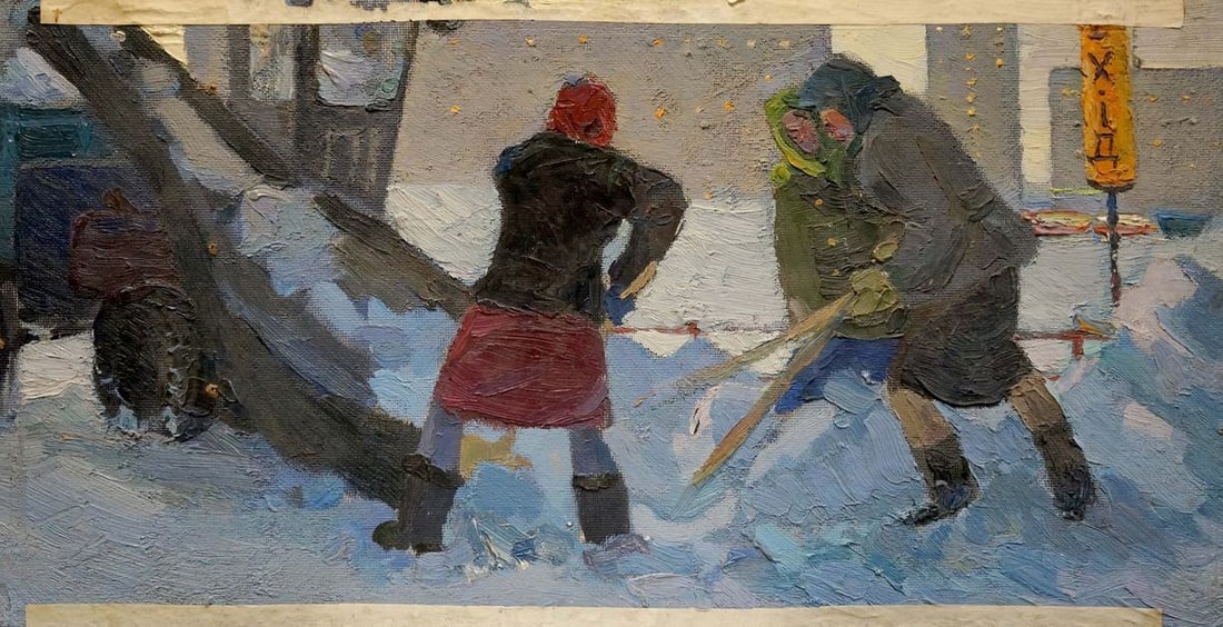 Oil painting People on the street Pokulity Konstantin Ivanovich: No.Verns 643 *** ABOUT THIS PAINTING *** * TITLE: "People on the street" * ARTISTS: Pokulity Konstantin Ivanovich * SIZE: 35x69 cm/'13.77x27.16 inches' * MEDIUM: oil, cardboard * HAND PAINTED: Origina